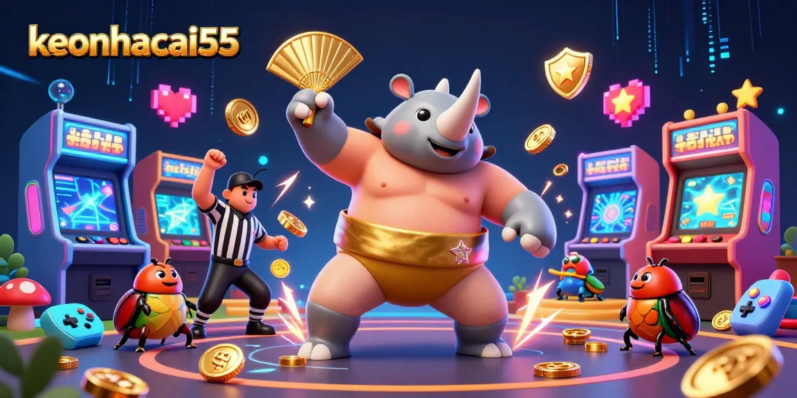 Join the excitement of keonhacai55 as the sumo champion beetle stomps, sending coins flying in a vibrant casino scene.