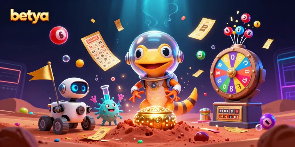 Experience the betya casino adventure with Martian gecko discovering treasures among vibrant gaming elements.