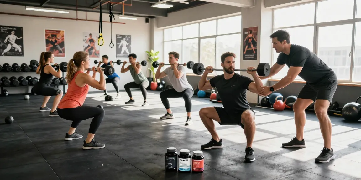 Group workout in an energetic fitness gym promoting Astera Shop's performance supplements.