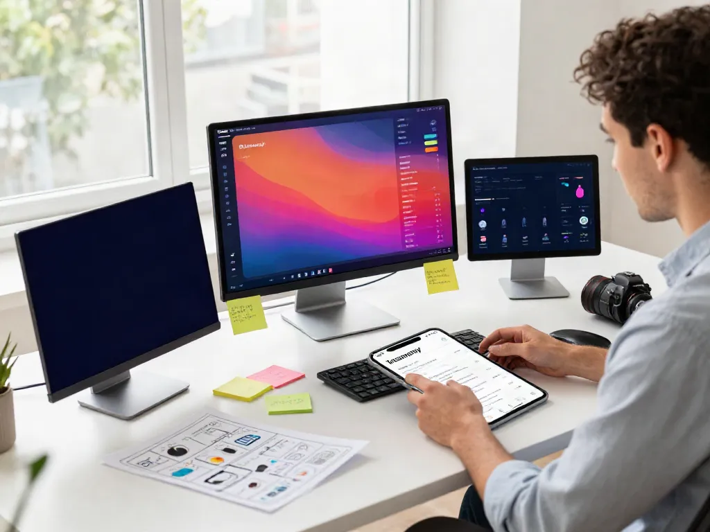 Digital marketing professional analyzing Insanony app analytics in a bright workspace.