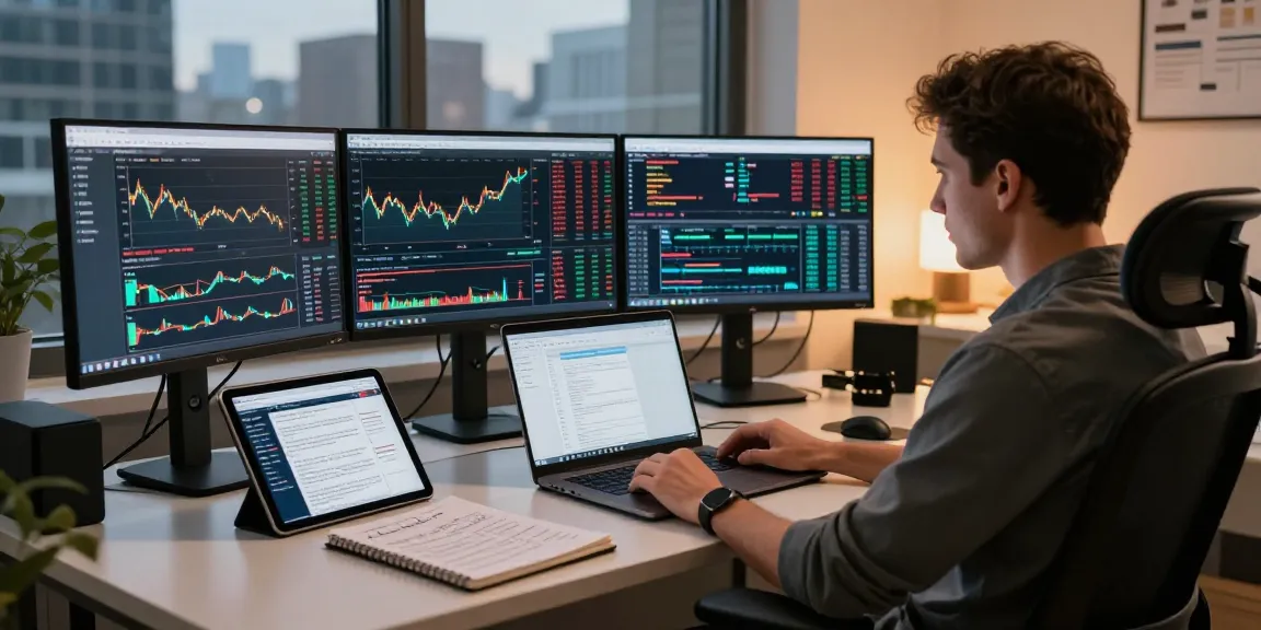 Trader analyzing MetaTrader 5 platform with multiple monitors in a modern workspace