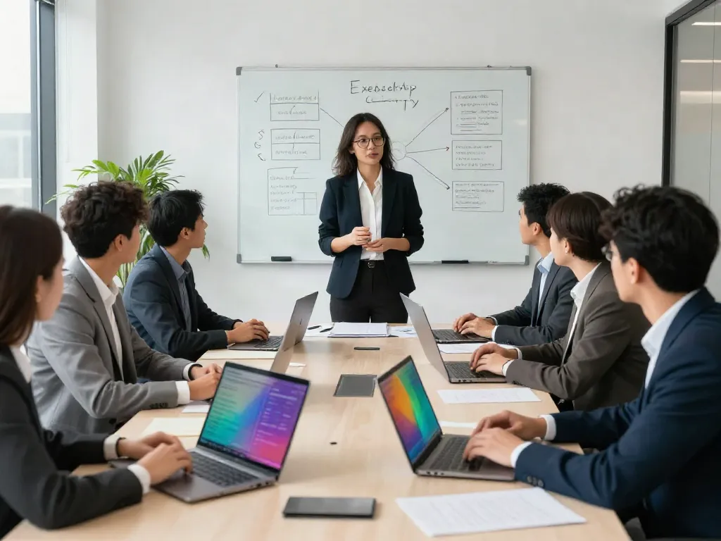 PedroVazPaulo Executive Coaching session with professionals collaborating in a bright office.