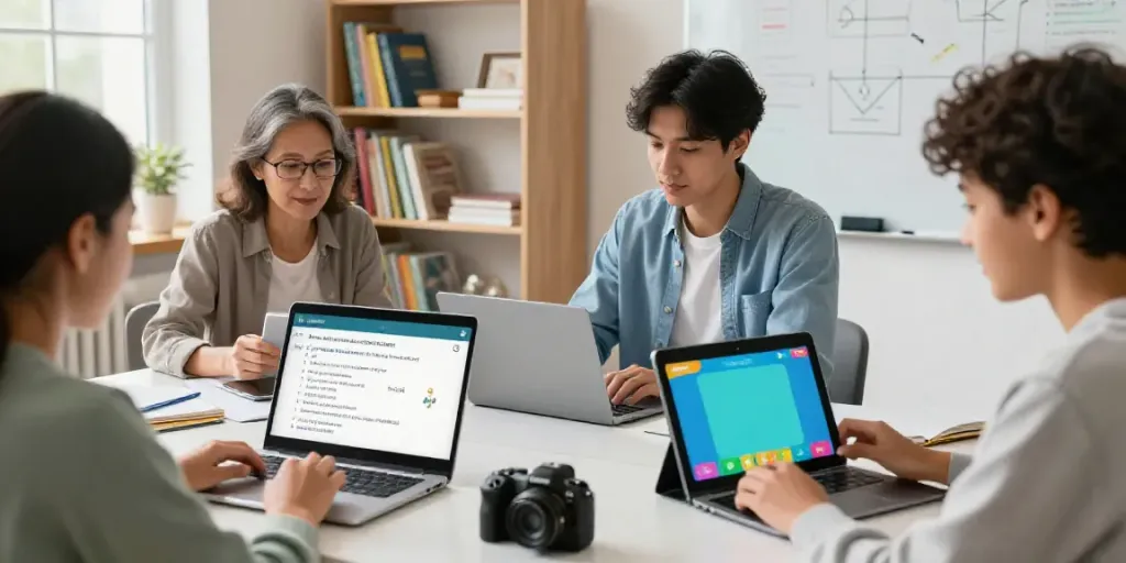 Online language learning scene featuring diverse students using technology to enhance their English skills with interactive courses.
