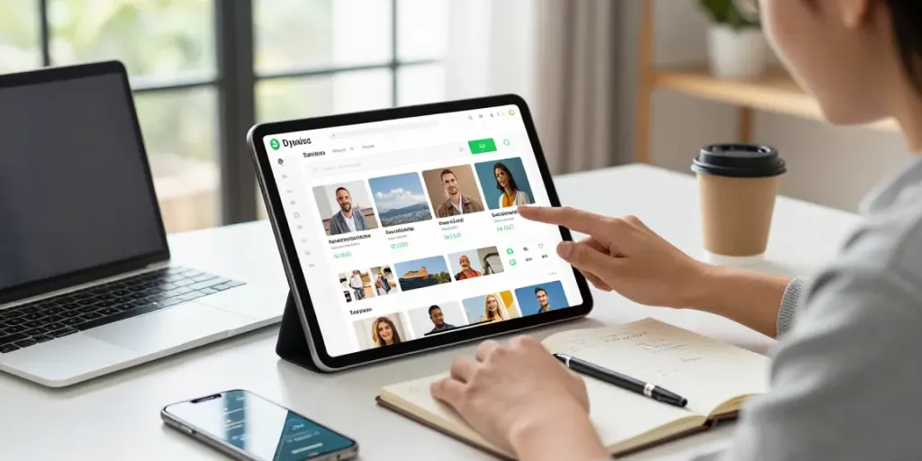 On the website poshuk.info, a user engages with a modern service search interface on a tablet, surrounded by a stylish home office.