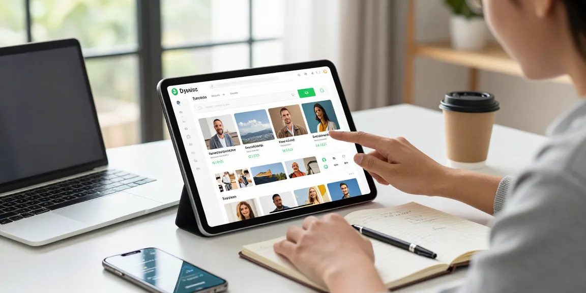 On the website poshuk.info, a user engages with a modern service search interface on a tablet, surrounded by a stylish home office.