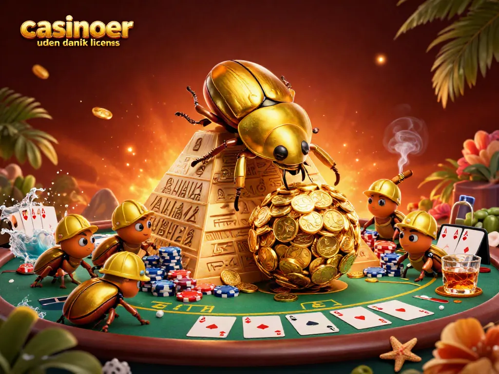 Engage with casinoer uden dansk licens through this vibrant 3D illustration featuring golden beetles at play.