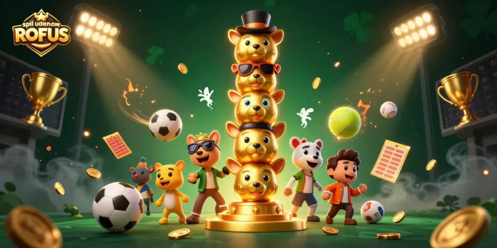 Engage in spil uden om ROFUS with vibrant 3D casino elements and dynamic sports scenes.