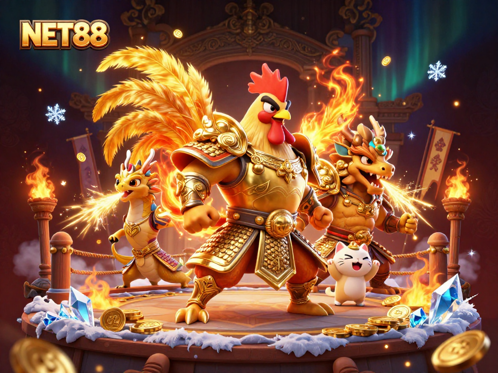 Engage in the exciting world of NET88 with a dynamic illustration featuring casino warriors and treasures.