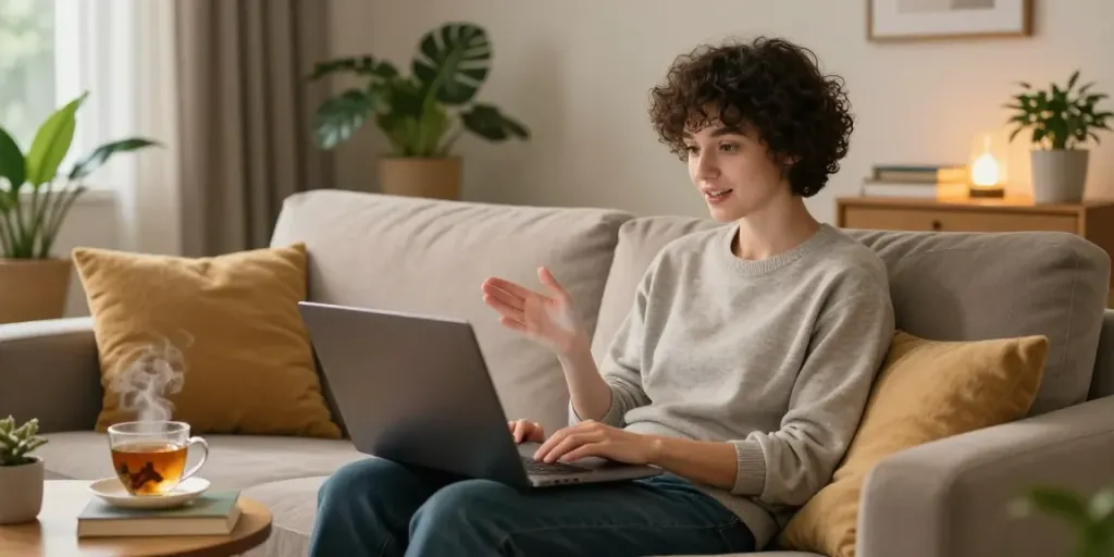 An inviting scene of a person enjoying an AI adult chat in a cozy living room.