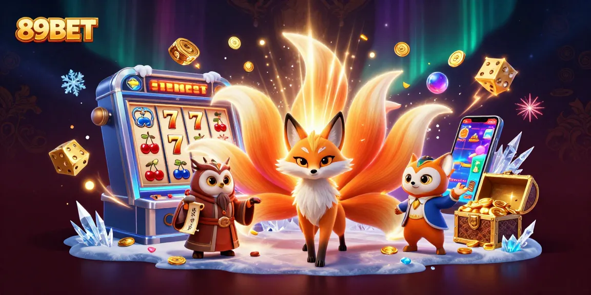 Experience the thrill of winning at 89BET with vibrant visuals of slot machines, colorful symbols, and enchanting spirits.