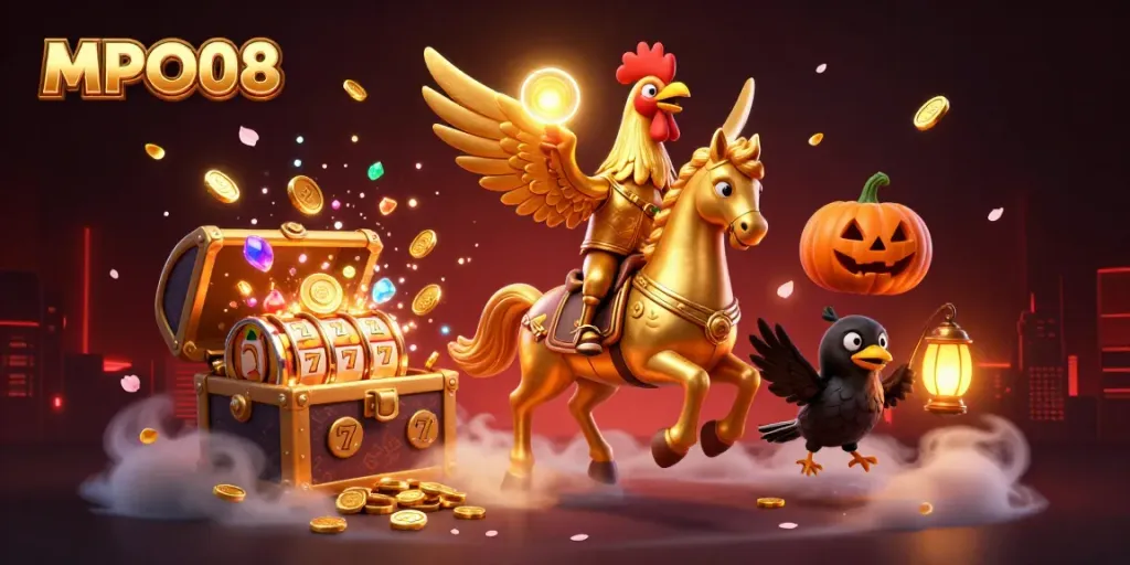 Engage with MPO08's immersive slot gaming experience featuring a golden rooster in a vibrant casino scene.