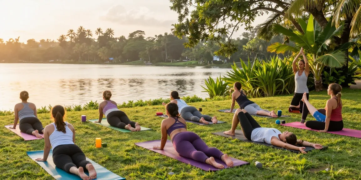 Group practicing synergy vinyasa yoga teacher training at Lanka Yoga, surrounded by lush scenery and calming lake views.