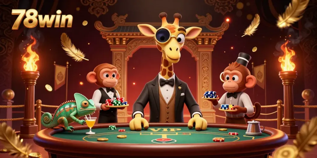 Experience the vibrant gaming world of 78win with high-roller characters and dynamic casino elements.