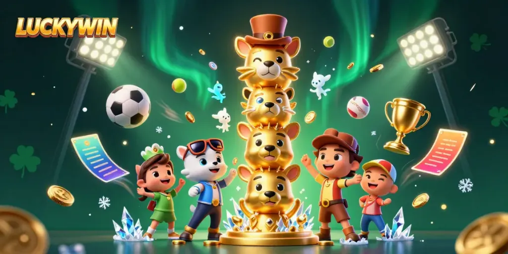 Experience thrilling gameplay with LUCKYWIN featuring a vibrant 3D totem and dynamic sports elements.