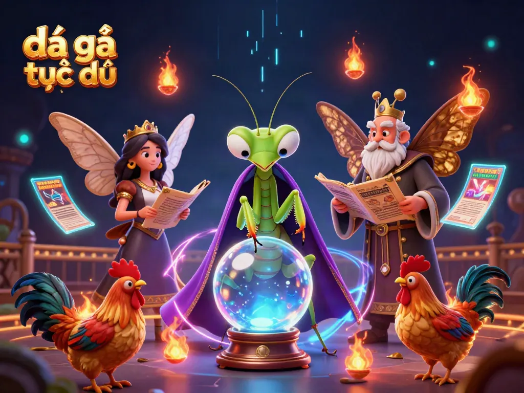 Watch đá gà trực tiếp with a dynamic scene of fortune tellers and a cockfighting arena.