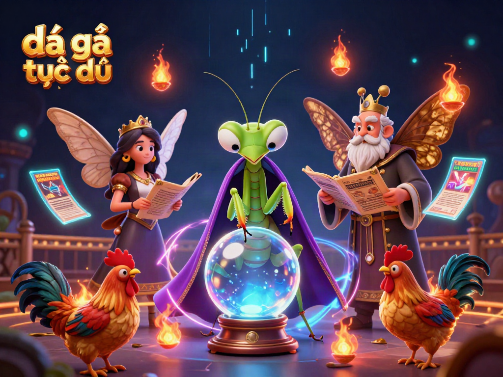 Watch đá gà trực tiếp with a dynamic scene of fortune tellers and a cockfighting arena.