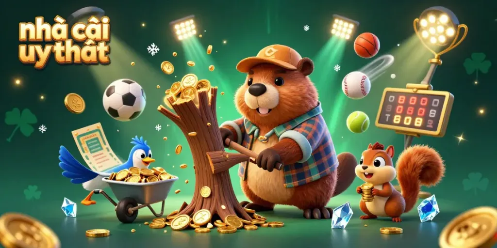 Engaging scene of a lumberjack beaver promoting nhà cái uy tín with golden coins and sports elements.