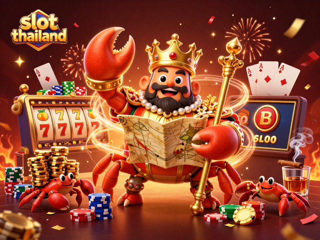 Celebrate big wins with slot thailand's golden crab emperor holding treasures, surrounded by dynamic gaming elements.