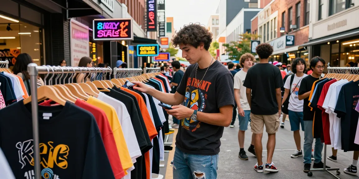 Youthful individual exploring streetwear options in an urban market with the Mulebuy spreadsheet app visible on their smartphone.