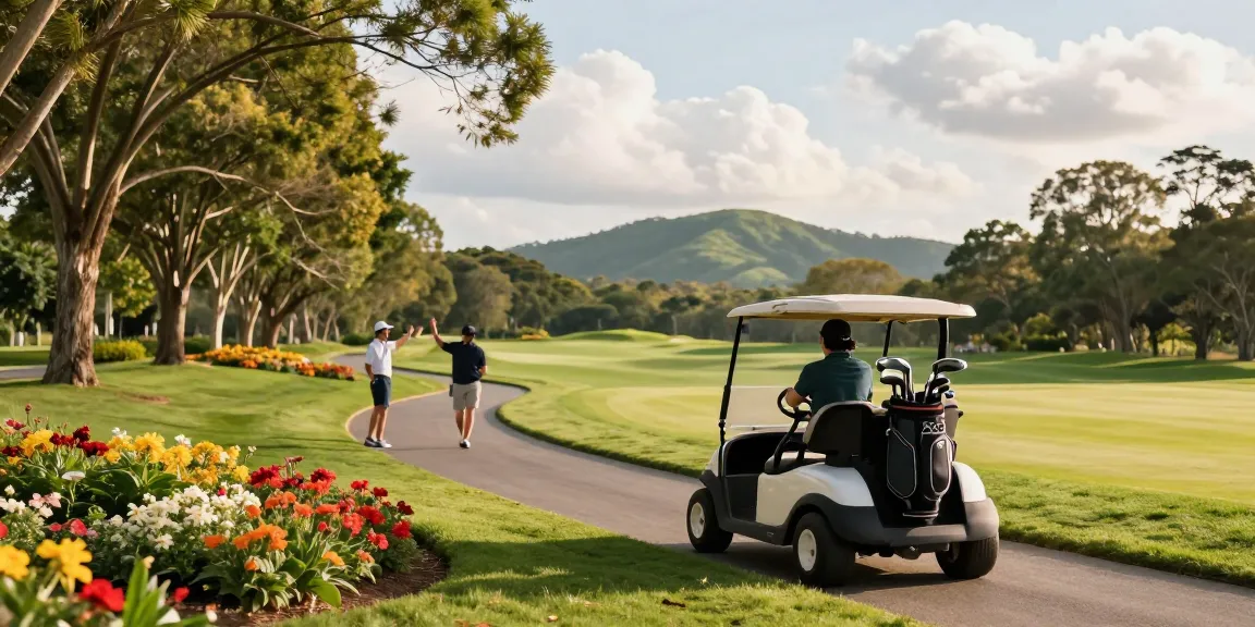 Yamaha golf cart for sale driving on scenic golf course path with players in background
