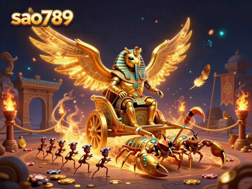 Sao789 captivating scene featuring a colossal golden scarab beetle with scorpions, evoking excitement in online gaming.