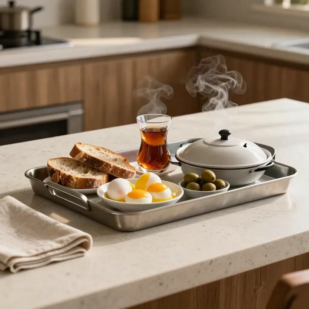 Breakfast tray and steaming covered dinner dish on a travertine dining counter with tea, eggs, bread and olives.