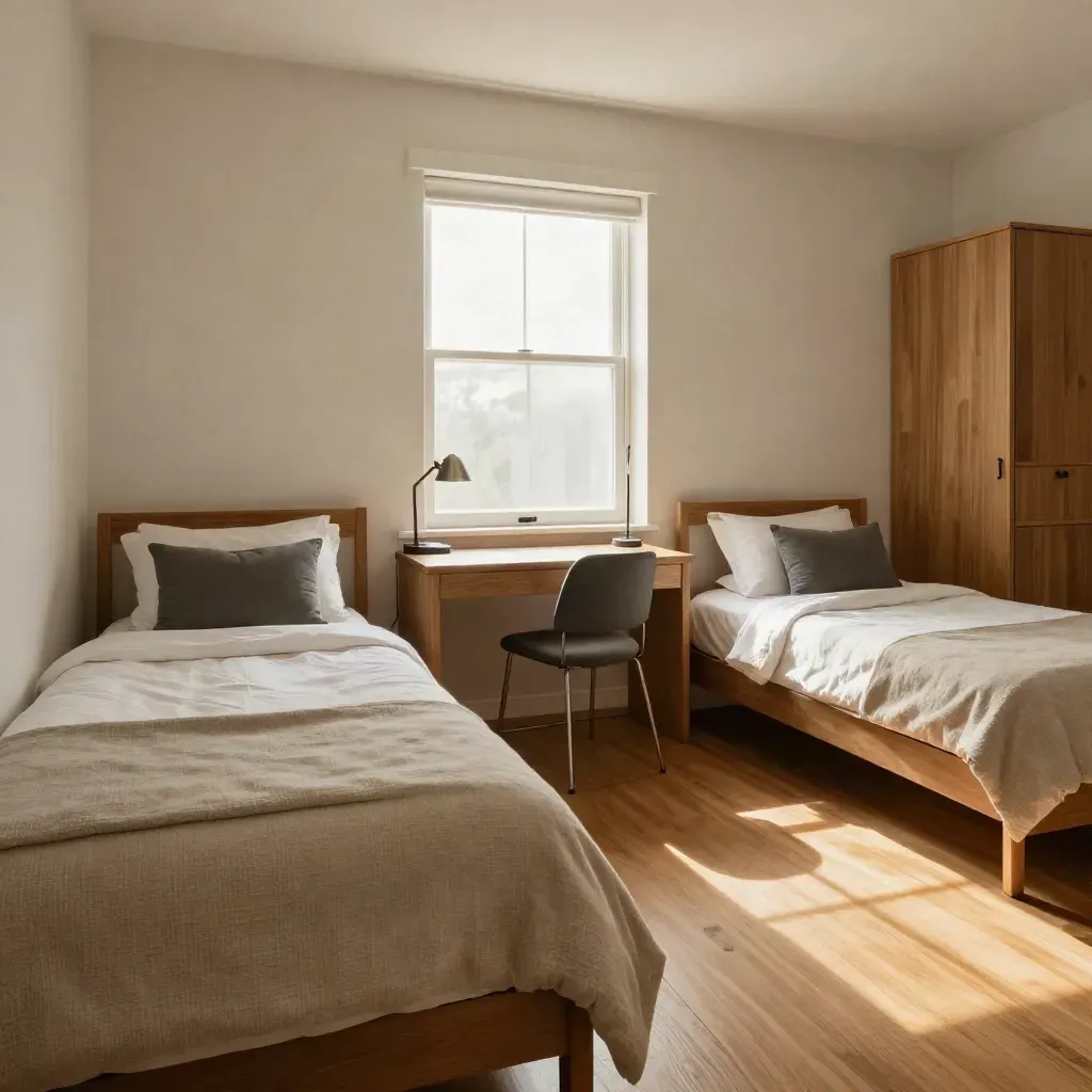 Shared dorm room with two made beds, twin lamps, and a central study desk in warm afternoon light.