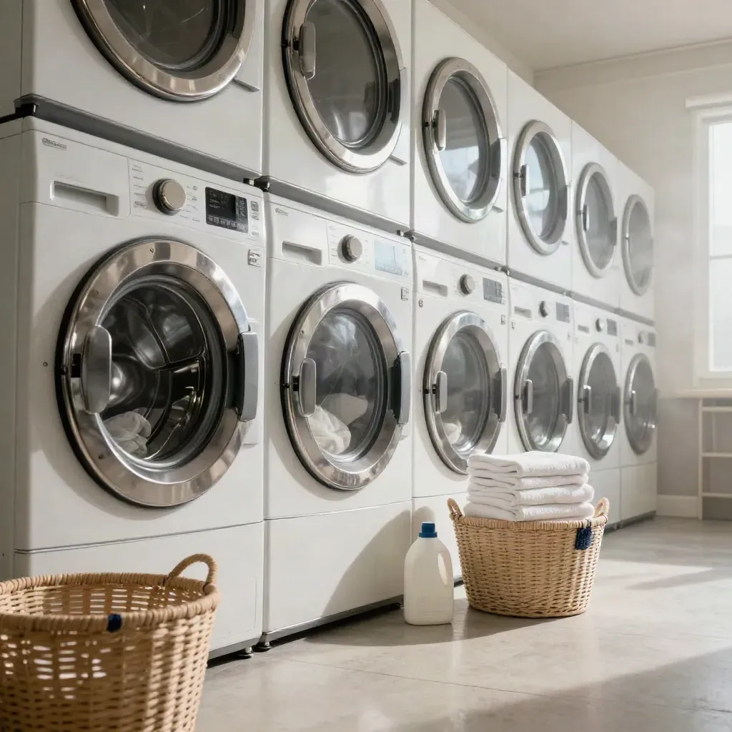 Spin-cycle washer with towels, basket, and detergent in a dorm laundry room