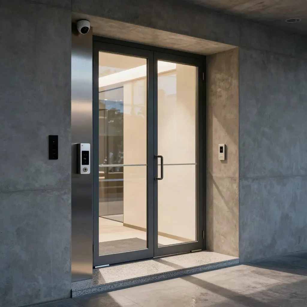 Secure dorm entry vestibule with lock hardware, camera, intercom, and glowing lobby beyond