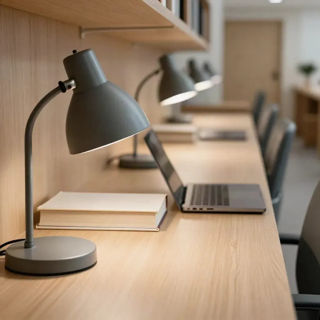 Macro of study tables, lamps, books, and a laptop in a warm reading area.