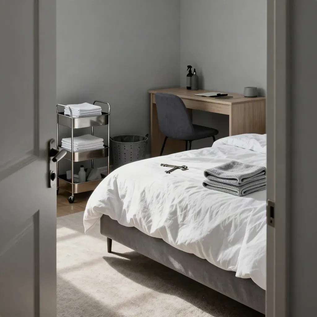 Freshly reset dorm room with made bed, folded towels, and a cleaning caddy by the door.