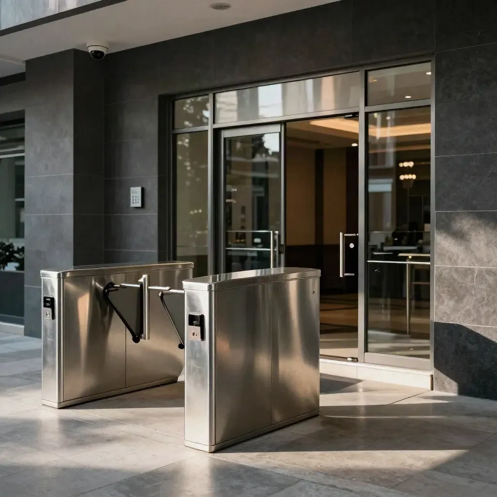 Secure night lobby with turnstile, dome camera, intercom, and reflective glass entry.