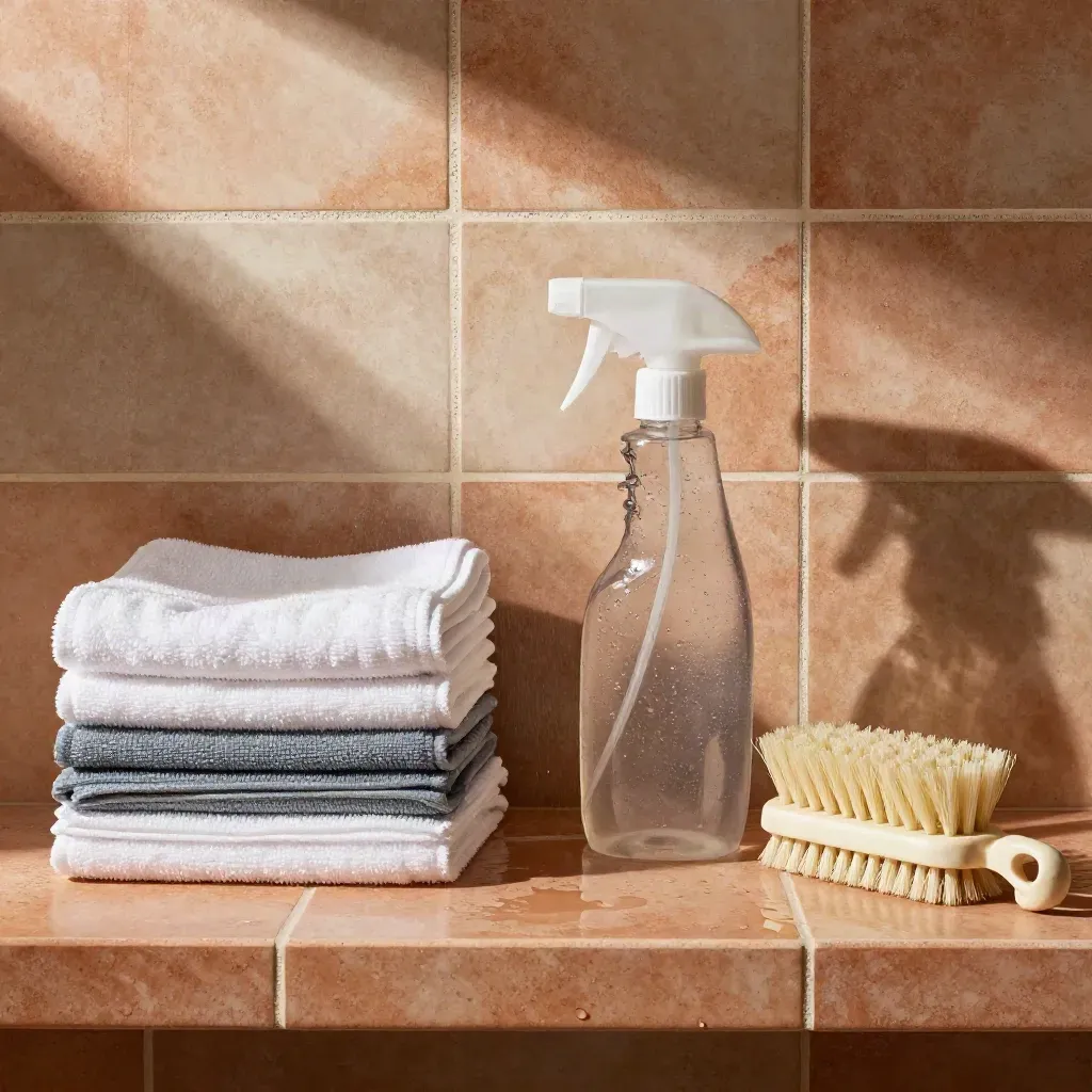 Top-down cleaning kit on terracotta tiles with towels, cloths, spray bottle and scrub brush in soft daylight