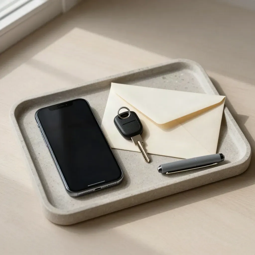 Dark phone, key fob, envelope and pen cap on a stone tray in soft side light.
