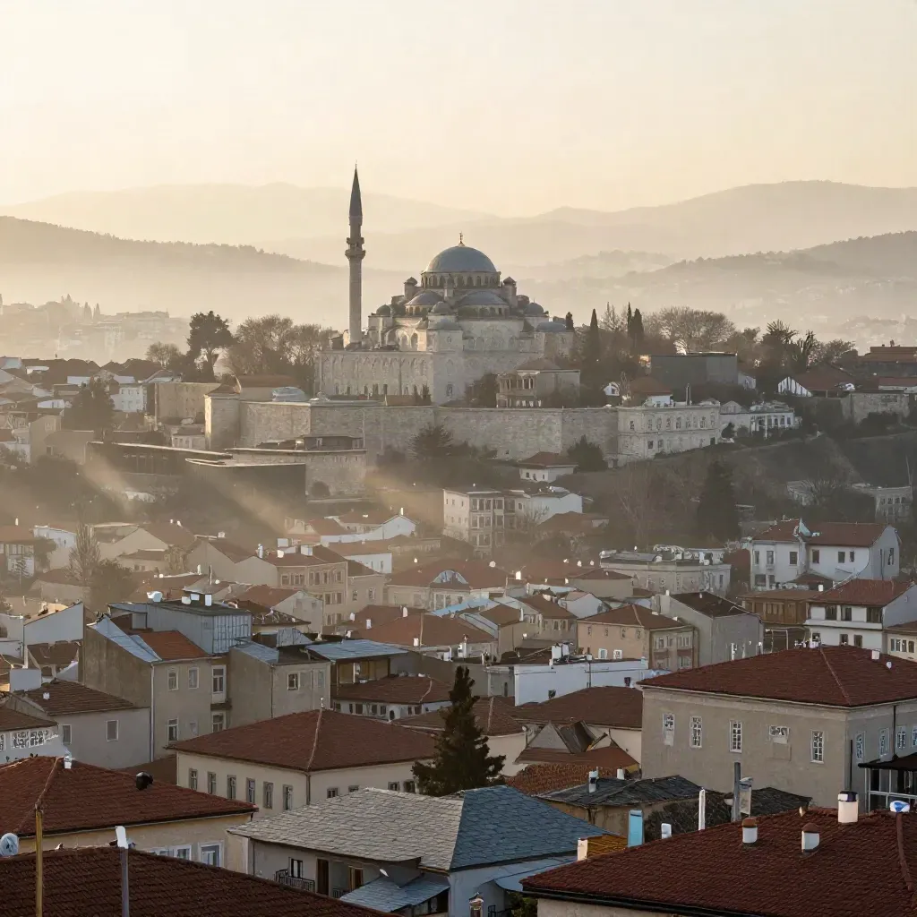 Sunrise over Central Ankara Citadel ridge above fog and terracotta roofs