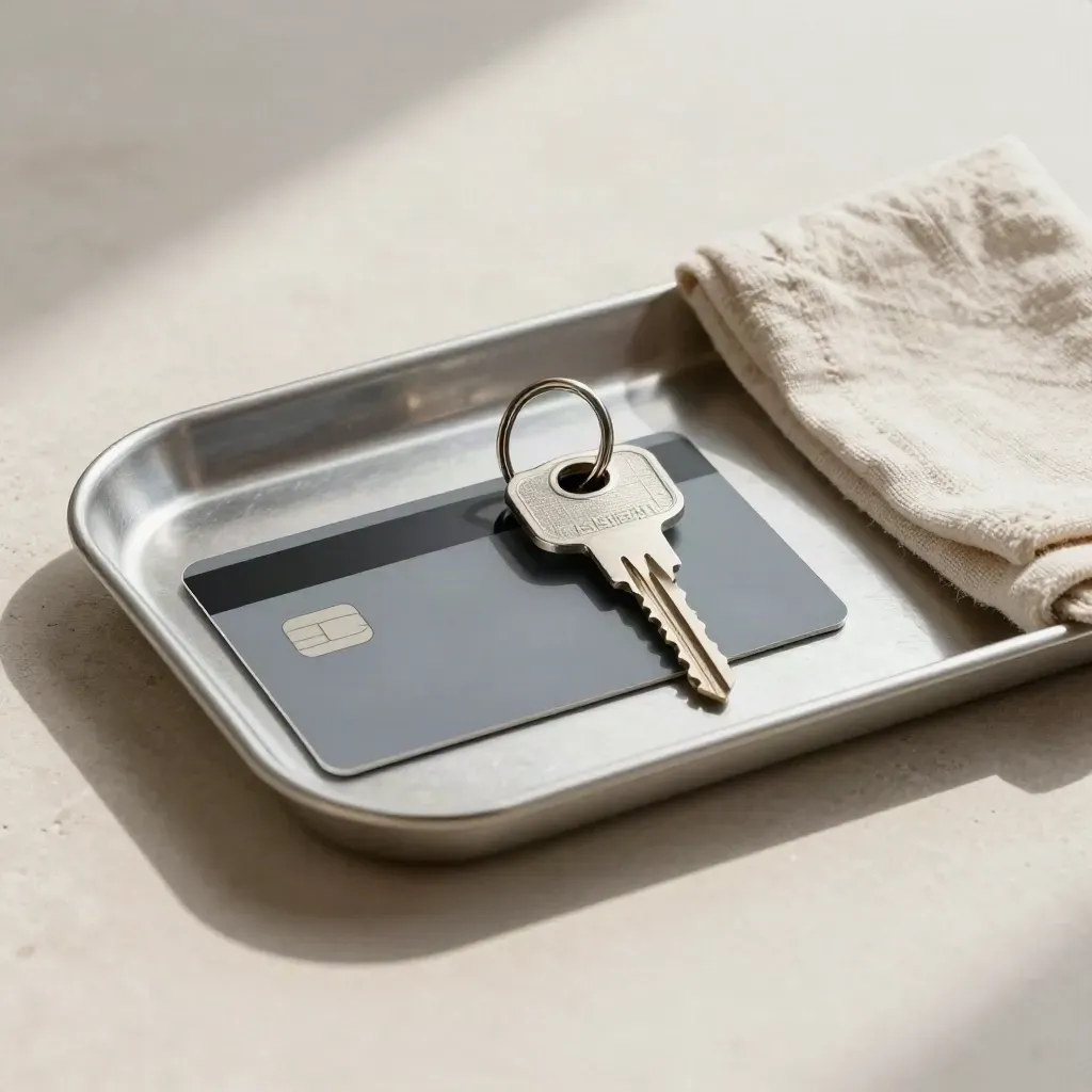 Payment tray with card and key beside a folded cloth on pale stone.