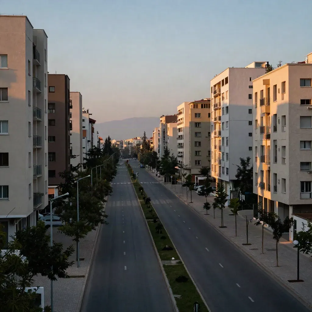West Ankara avenue grid with low modern blocks glowing at sunset