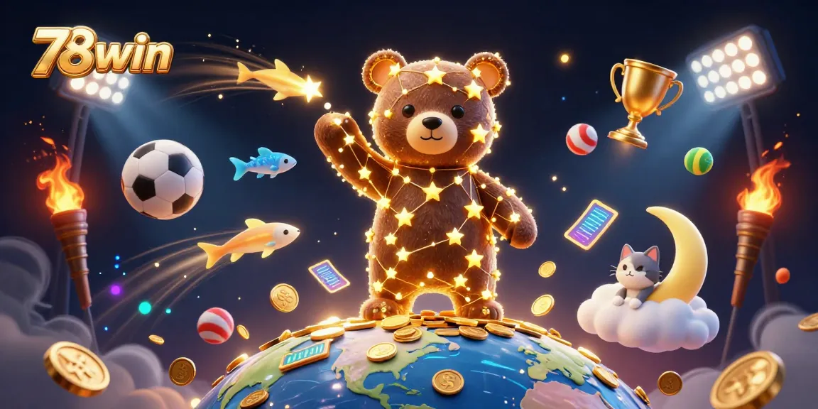 Engage with 78win as a constellation bear scoops coins in a dynamic casino scene.
