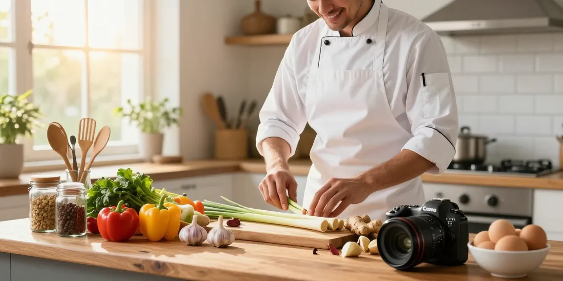 Chef preparing ginger and lemongrass dishes in a vibrant kitchen, emphasizing healthy eating with fresh ingredients and warm lighting. Explore สล็อต cuisine.