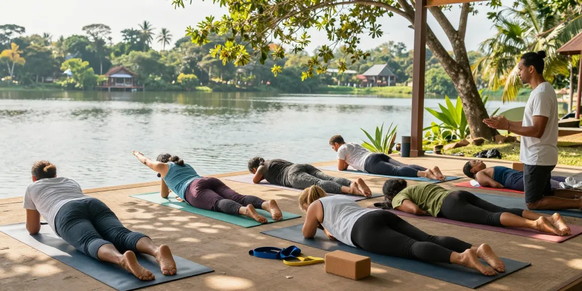 Group practicing 200 hour yoga teacher training sri lanka at tranquil lakeside studio.