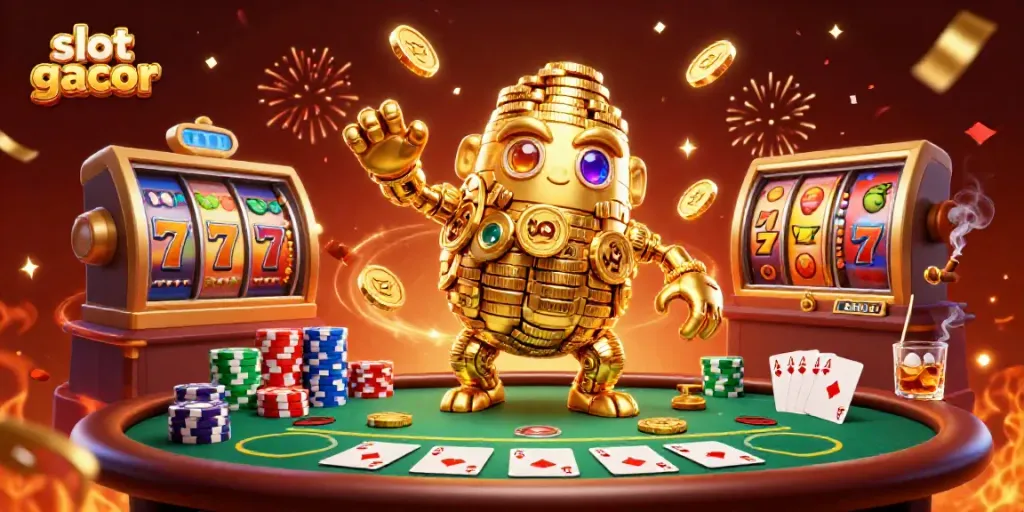 Experience thrilling slot gacor action with a golden golem amidst vibrant casino elements.