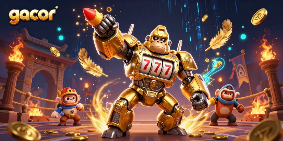 Experience thrilling gacor action with a robotic gorilla mech crushing coins in a vibrant casino scene.