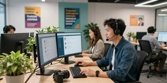 Customer support representative engaging with clients in a modern office.