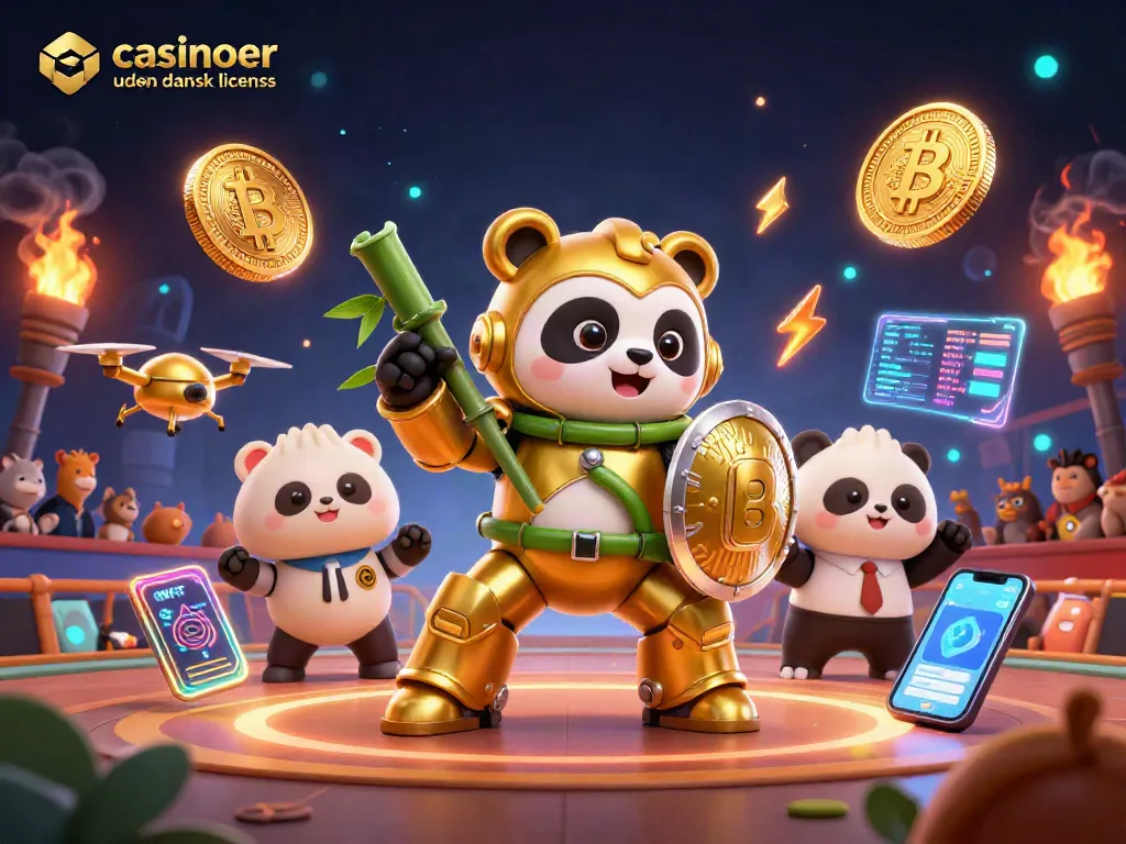 Engage in casinoer uden dansk licens with a golden panda piloting a fighting robot in a dynamic scene.