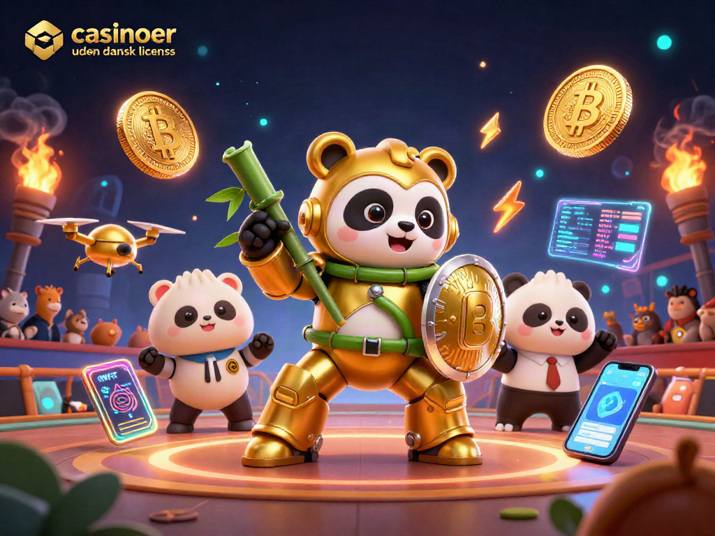 Engage in casinoer uden dansk licens with a golden panda piloting a fighting robot in a dynamic scene.