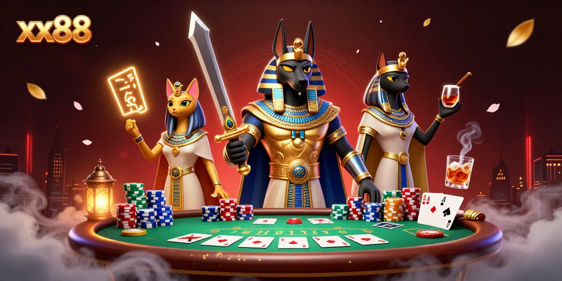 Engage with the excitement of xx88 at an ancient Egyptian casino setting featuring Anubis and Bastet.