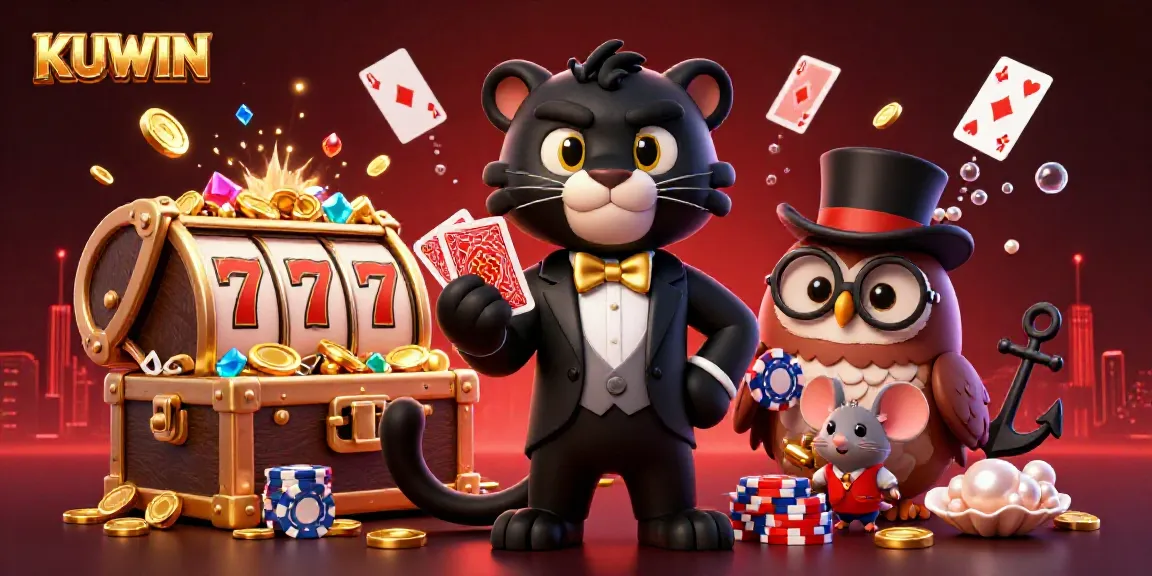 Engage with KUWIN's lively casino scene featuring a stylish black panther and adorable characters in 3D.