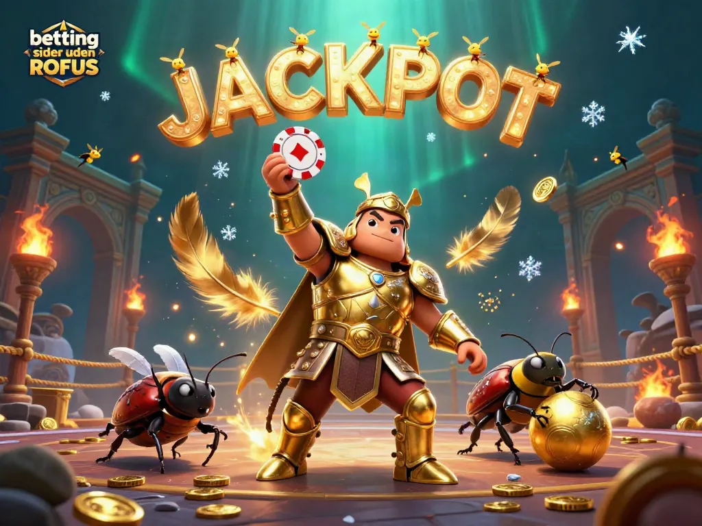Betting sider uden ROFUS scene with a victorious beetle champion lifting a poker chip surrounded by dynamic casino elements.