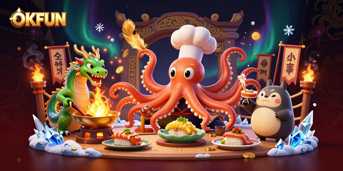 Experience thrilling gaming at OKFUN with a cartoon chef, dragon, and tanuki in an immersive casino setting.