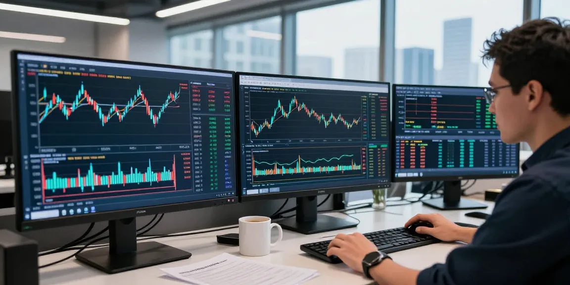 Trader using mt5 platform in modern workspace with live market analysis.